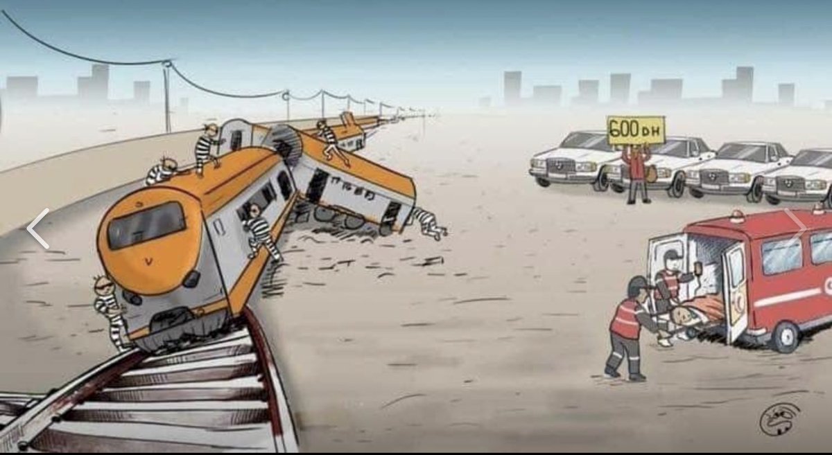 たやおさⵣマルハバ 前日起こったモロッコの列車事故 亡くなった方がいるからあれだけど このニュース周りを見てたらこんな イラストが 非常にモロッコらしい 嫌いな部分な T Co P0dizw93ij Twitter