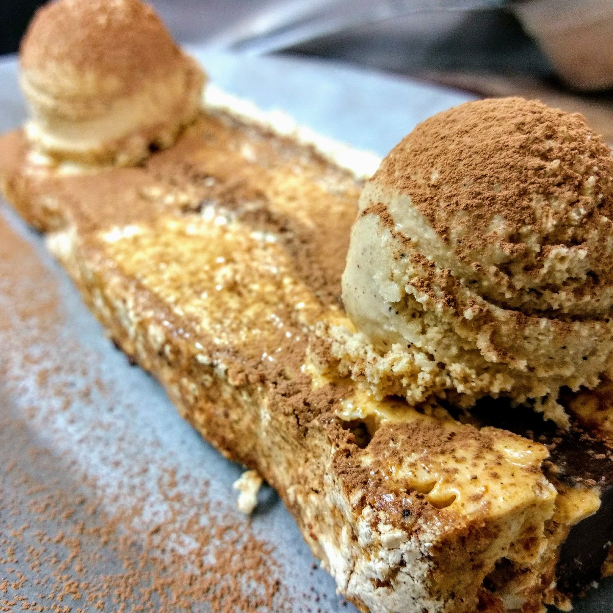 RimeRestaurant's tweet photo. Our take on a marjolaine: meringue, almond praline buttercream, chocolate ganache, lots of #frangelico, and it's all topped off with our own espresso gelato. #lunenburg #novascotia https://t.co/ak105kIHJe