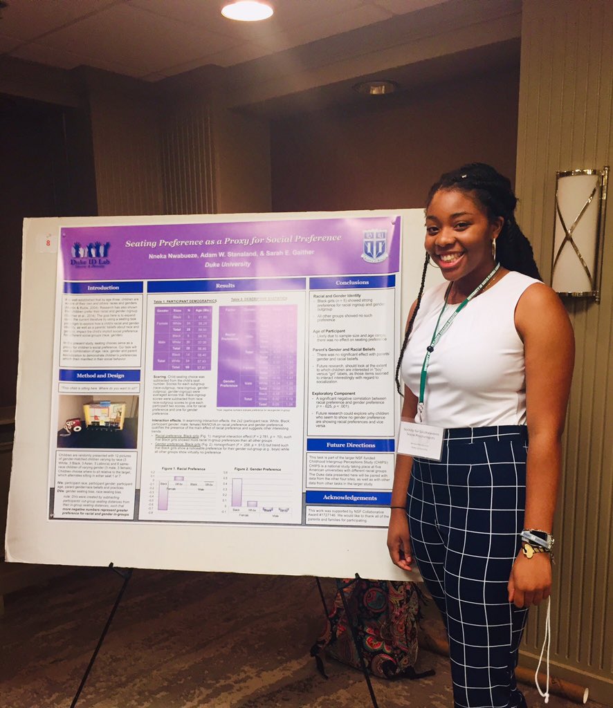 sarahegaither's tweet photo. Such great @DukeU and @DukePsychNeuro representation at #SSSP2018! Lunch is always needed at conferences and @NnekaRyanne presented poster #2 focusing on children’s race and gender preferences in seating! #dukeidlab https://t.co/InNPsHdlEG