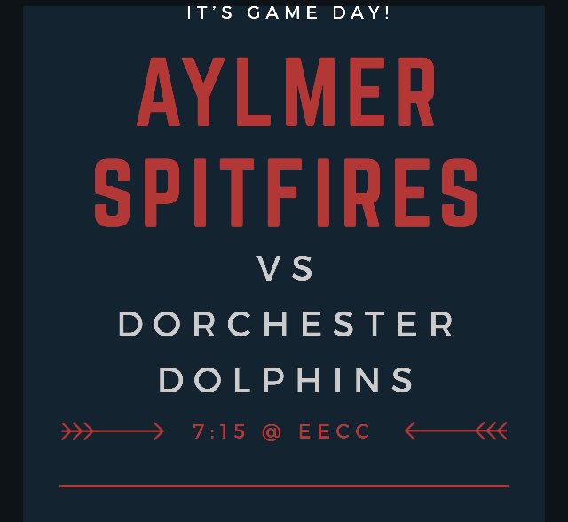 AylmerJrCSpits's tweet photo. It’s game day! Come watch your Aylmer Spitfires take on the first place, Dorchester Dolphins. Puck drop is 7:15 at @EastElginCC !
#AylmerSpitfires #LetsGoSpits #PJHL #CyaThere https://t.co/TSDKxK2sgp