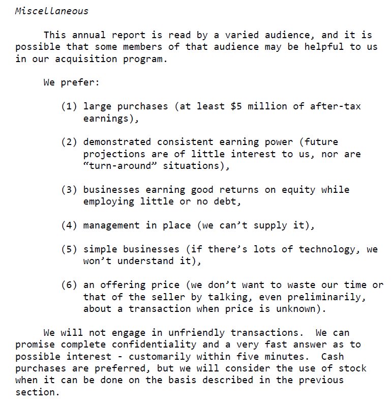 Frederik Gieschen (@frederikneckar) on Twitter photo Direct Marketing playbook:
In 1986 <a href="/WarrenBuffett/">Warren Buffett</a> took out a full-page ad in the Wall Street Journal
"We want to buy businesses worth $100 million or more
...there's a vital reason why you should consider selling"
He first outlined his criteria in the 1982 annual letter Direct Marketing playbook:
In 1986 <a href="/WarrenBuffett/">Warren Buffett</a> took out a full-page ad in the Wall Street Journal
"We want to buy businesses worth $100 million or more
...there's a vital reason why you should consider selling"
He first outlined his criteria in the 1982 annual letter