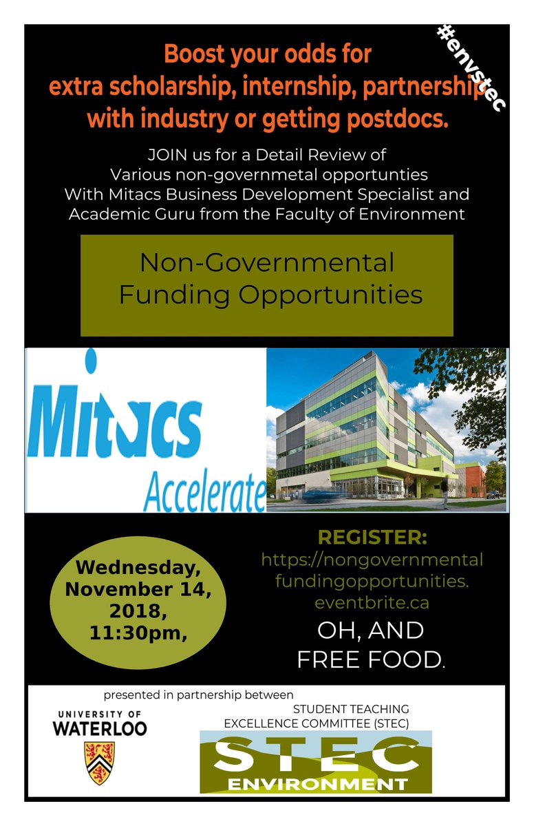 ENV_STEC's tweet photo. Our Non-governmental funding opportunity might help you.
If You are looking for an extra scholarship, internship opportunities, becoming a partner with industry to do your research or looking for Postdocs.  
When: November 14, from 11:30 to 1 at EV1-132.
Please register https://t.co/olxybS8ewB