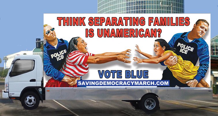 ArtAndResponse's tweet image. Seeing my mobile billboards circling @politicon. #WearBlueFor72  #marchtosavedemocracy #politicon