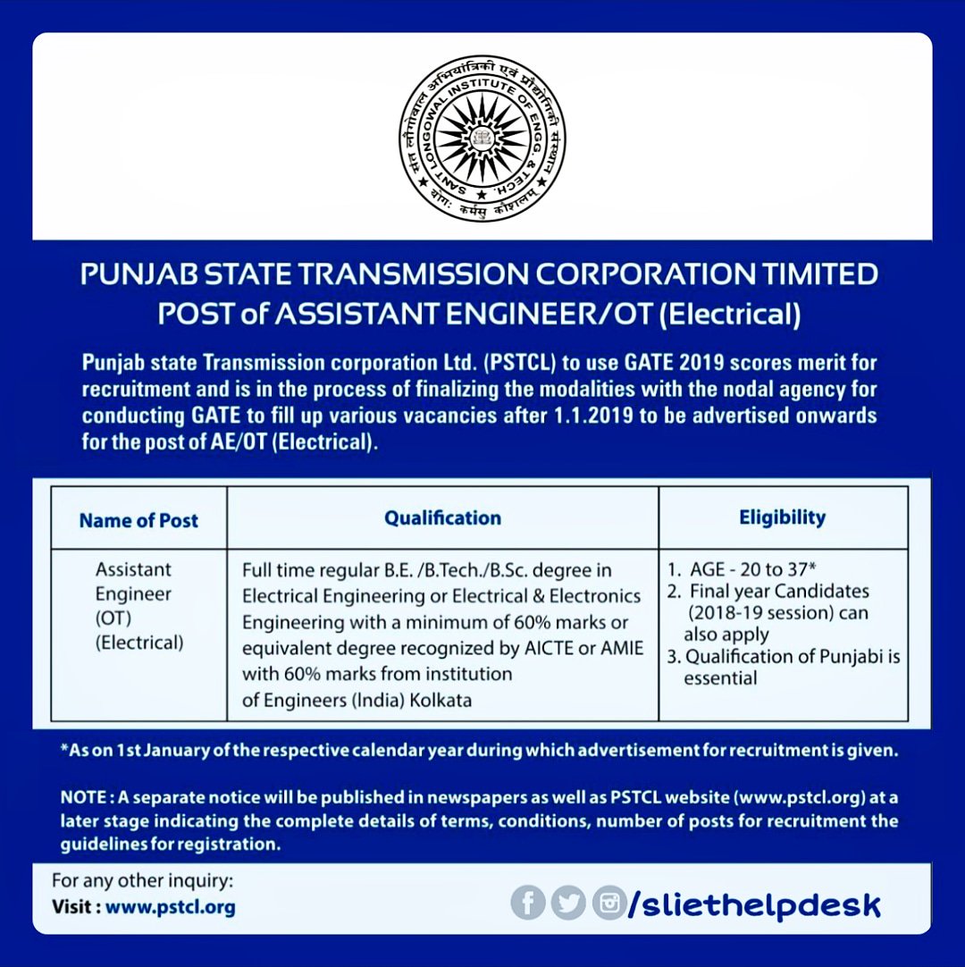 Sliet_helpdesk's tweet image. Punjab State Transmission Corporation Ltd. has announced Recruitment through GATE 2019.

#PSTCL #GATE2k19 #Gate2019 #Madhuram #Madhuram2k18 #Madhuram2018 #MadhuramACulturalFest #Sliet #India #Slietian
#Proud_to_be_part_of_team_SLIET
#together_we_can_make_the_change