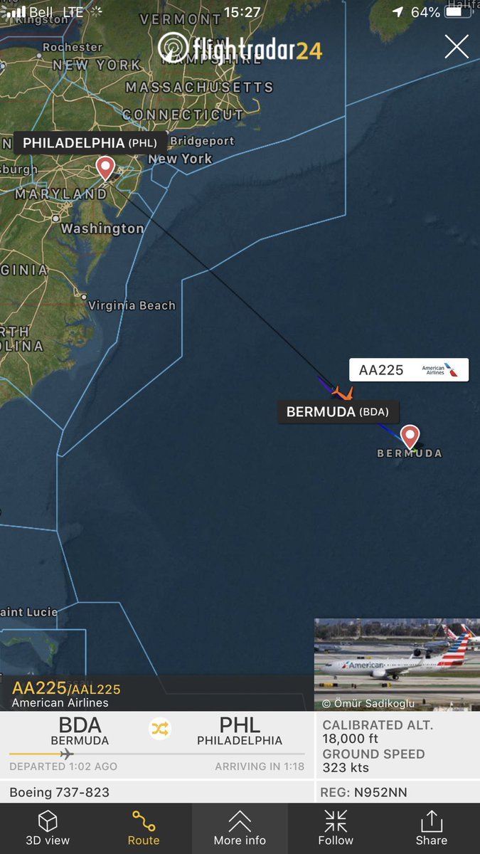 TomPodolec's tweet photo. 🔀 DIVERSION
American #AA225 to Philadelphia returning to Bermuda. Reporting cracked window. No loss of pressurization. Not requiring special assistance. Expecting to taxi to Terminal upon landing.
https://t.co/30TGU8IpH8 https://t.co/cjKCoxvzWY
