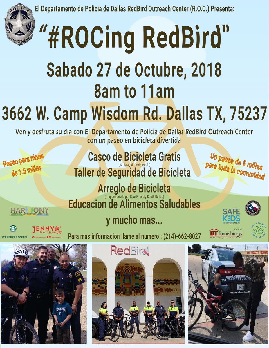 DPDCA's tweet photo. Join us next Saturday October 27th from 8am-11am at 3662 W. Camp Wisdom Road for an exciting #ROCing RedBird event. Come on out and enjoy a bike ride. Remember this is also the location for #DrugTakeback from 10am-2pm. See you soon. #buildingrelationships @dpdca @DPDUnidos https://t.co/km0RI8NUhr
