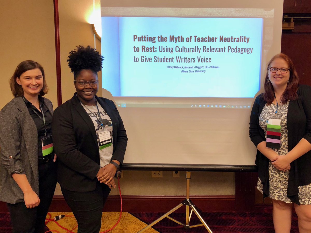 shochstetler's tweet photo. These PSTs are doing the work! Way to represent #IlstuEngEd with an invitation to interrogate bias and take up culturally responsive writing pedagogy. Thank you, @ee_lees_uh, @AlexandDaggett, and @n_caseudidntkno! #ProudProf #IATE18 #IATE2018 #ENG297 #NationalDayonWriting https://t.co/hfM50iWfzc