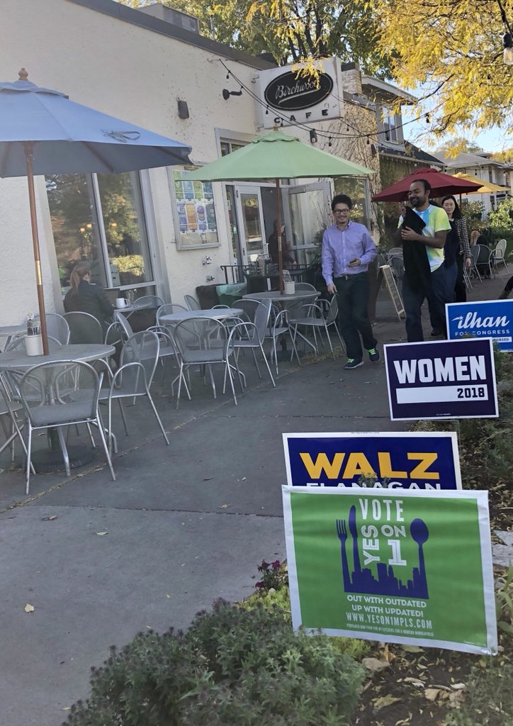 FieldGuideInc's tweet photo. .@BirchwoodCafe has the best sign garden! @Tim_Walz @IlhanMN @TinaSmithMN #voteforwomen #voteConley #Yeson1Mpls https://t.co/CoPItBtGxR