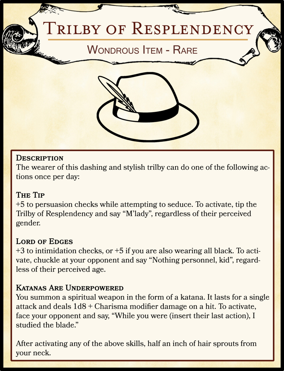 npc_an's tweet photo. Okay, this one is not exactly my style. I'm more of a bowler hat sort of NPC myself but it takes all kinds! And https://t.co/wiejqR3ylD assures me it's a popular item! What is your hat of choice?
#AdventureHat #DnD #DeckofSillyThings https://t.co/45wewC5O2K