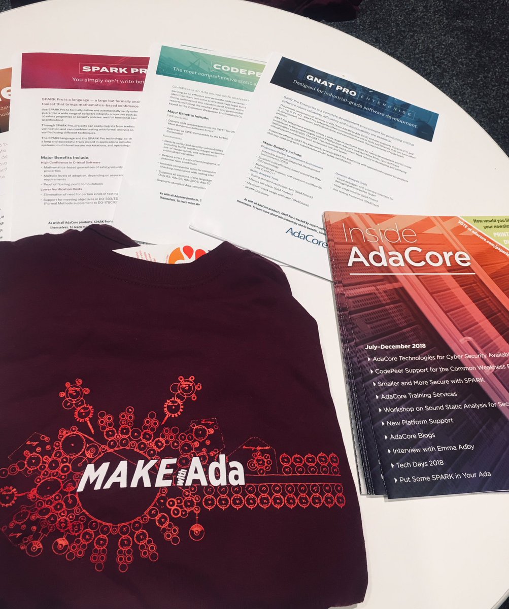 AdaCoreCompany's tweet image. Day 2 at #ARMTechCon and we have free #MakewithAda t-shirts available for all those looking to program in Ada and SPARK. Find us at booth 1228! #embeddedprogramming #Adaprogramming #buildsoftwarethatmatters @Arm