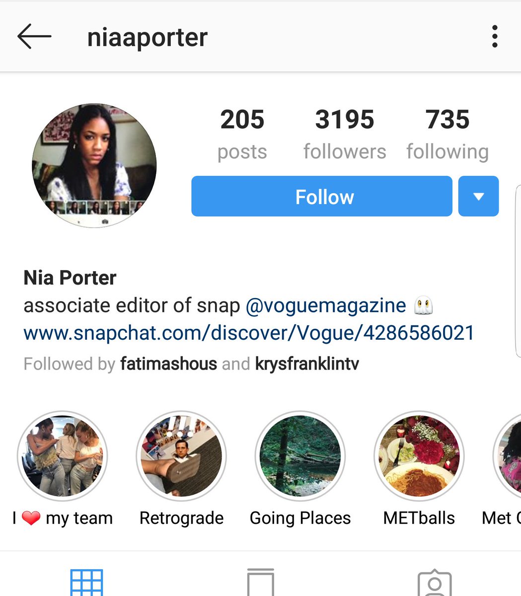 Nia PorterIG: NiaaporterAssociate editor of Vouge Magazine's Snapchat