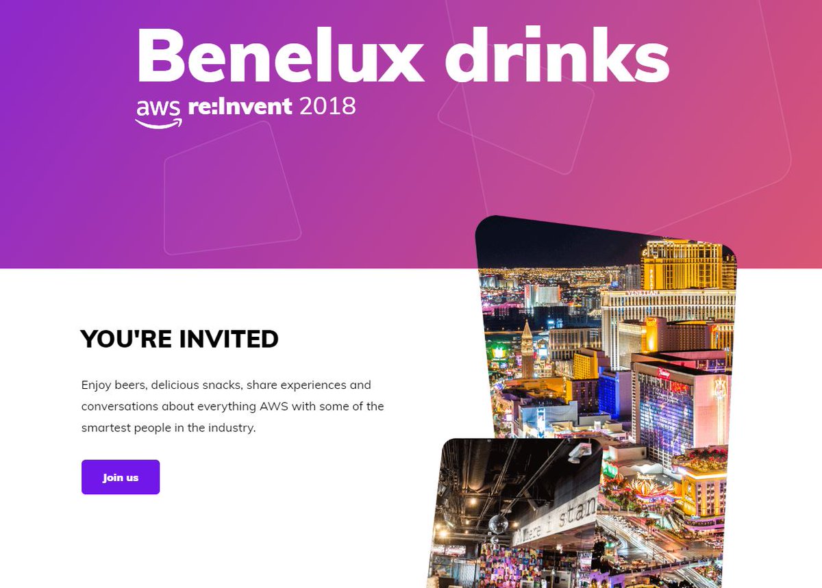 Cloudar (@wearecloudar) on Twitter photo Going to <a href="/awscloud/">Amazon Web Services</a> <a href="/AWSreInvent/">AWS re:Invent</a> in Las Vegas this year?
Come join us and meet some of the finest #AWS Benelux Partners at the AWS Benelux Drinks on Nov. 27, 2018 / 8pm - 11pm
Hurry up! Seats are limited...
Sign up here now: beneluxdrinks.com
<a href="/AWS_Partners/">AWS Partner Network</a> Going to <a href="/awscloud/">Amazon Web Services</a> <a href="/AWSreInvent/">AWS re:Invent</a> in Las Vegas this year?
Come join us and meet some of the finest #AWS Benelux Partners at the AWS Benelux Drinks on Nov. 27, 2018 / 8pm - 11pm
Hurry up! Seats are limited...
Sign up here now: beneluxdrinks.com
<a href="/AWS_Partners/">AWS Partner Network</a>