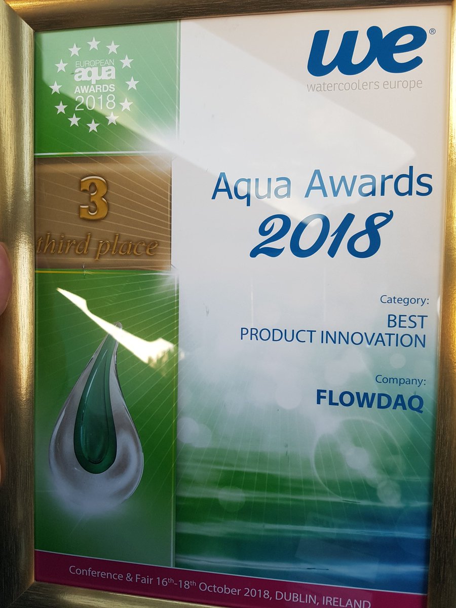 Flowdaq's tweet photo. Fantastic achievement as #Flowdaq’s ADAM bottle-monitoring #IoT Device was chosen as one of the top 3 #Innovation products at #watercoolerseu awards last night. #success https://t.co/MOwQfKDGyV