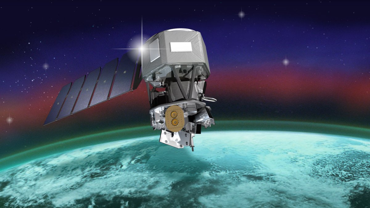 An illustration of the ICON spacecraft above Earth with its solar panel fully extended.