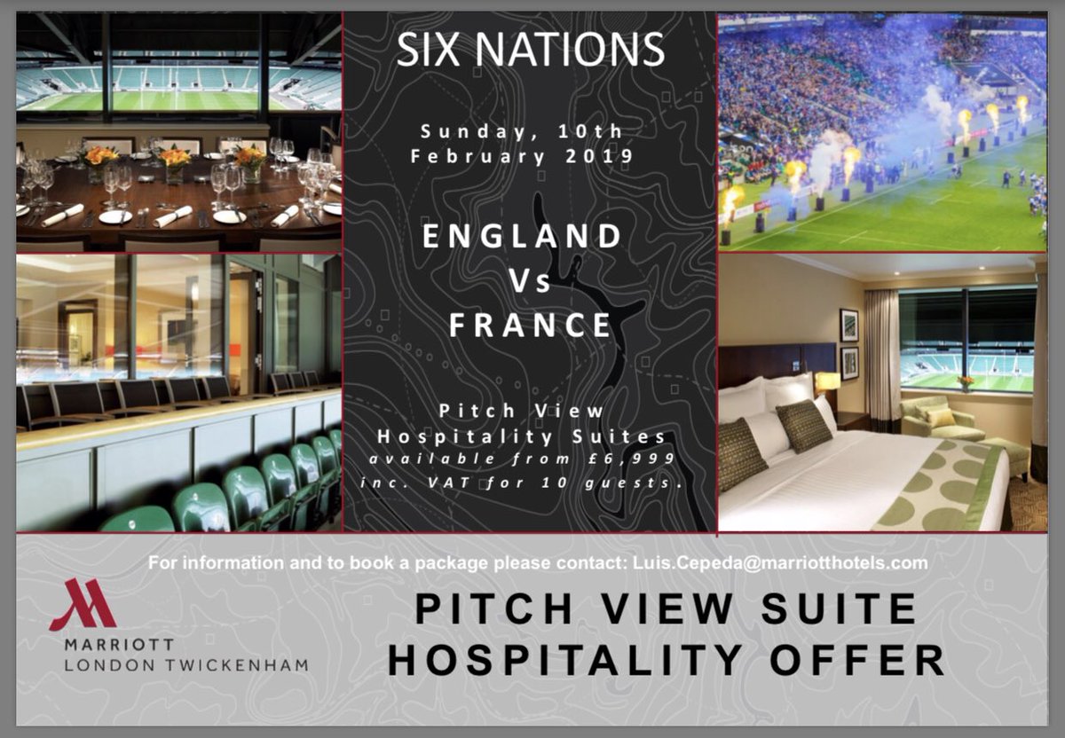 With the Autumn International matches this side of Christmas &amp; then the Six Nations kicking off in 2019, there’s some very exciting rugby happening at #Twickenham 🏉 If you’re looking to go you may be interested in the pitch view hospitality suites available at <a href="/MarriottTwicker/">London Marriott Hotel Twickenham</a>!