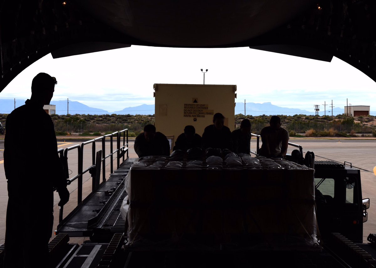 HollomanAFB's tweet photo. The seamless partnership between the 49th LRS & 635th MMG allowed for over 360 tons of supplies to be sent nearly 2,000 miles from #HollomanAFB to @teamtyndall in support of #HurricaneMichael relief. The 635th MMG is the @usairforce’s only #BEARBase. #USAF https://t.co/HeIwhwct3h