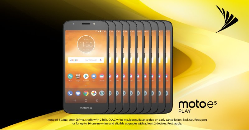 New phones for all when you switch to Sprint! Lease or buy any
phone &amp; get up to 10 moto e5 plays on us!