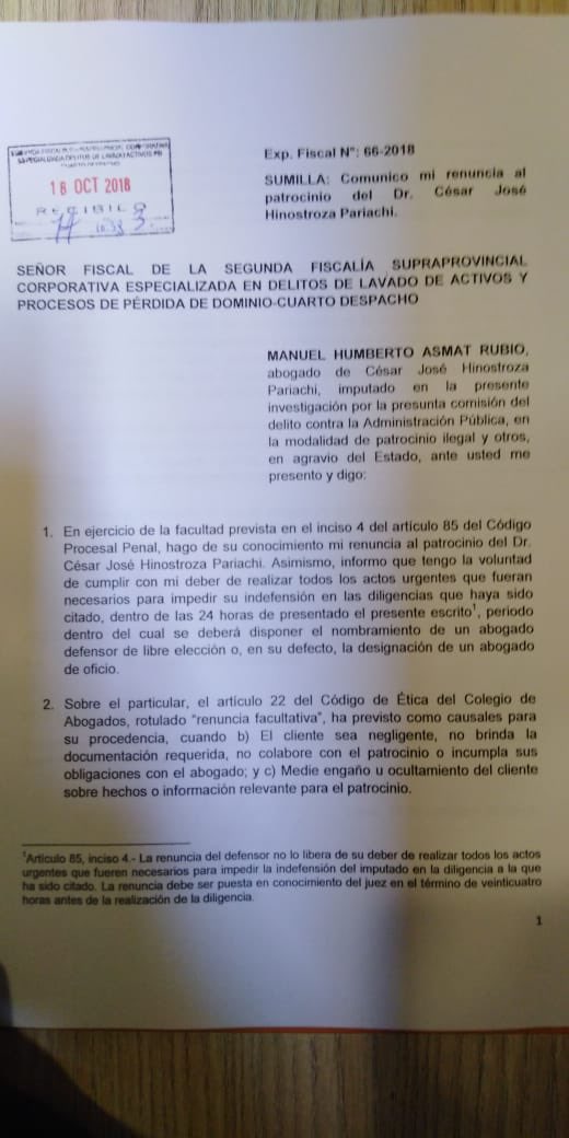 Abogado renuncia a la defensa de Hinostroza tras asegurar que fue engañado  | LP