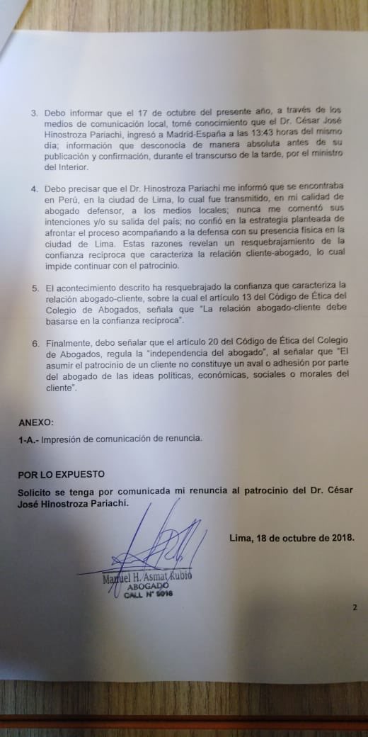 Abogado renuncia a la defensa de Hinostroza tras asegurar que fue engañado  | LP