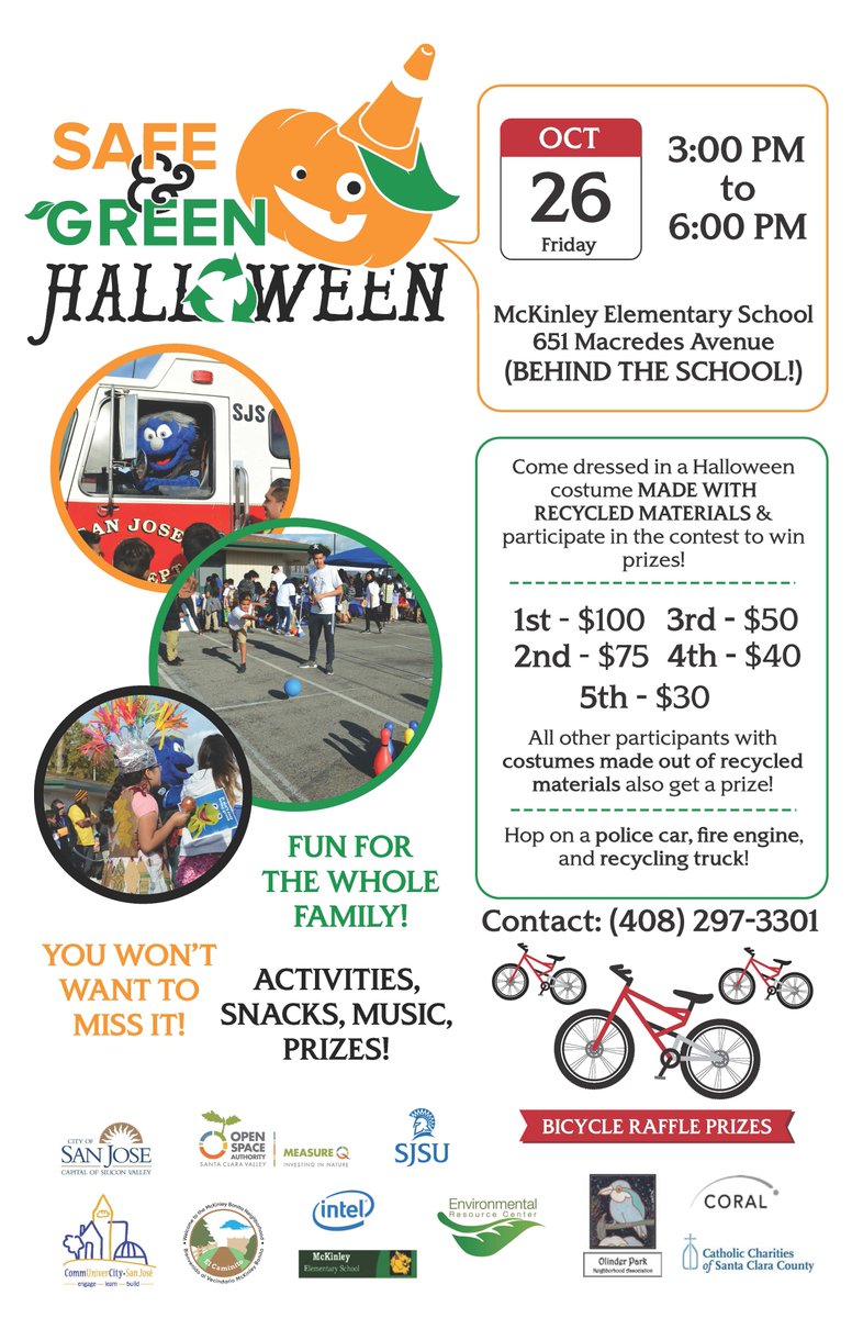 cucsjsu's tweet photo. Don't forget to mark your calendars for our Safe & Green Halloween Festival NEXT FRIDAY from 3:00 PM - 6:00 PM at McKinley Elementary School! Come dressed up in your best recycled costumeenter the chance to win a grand raffle prize including a beach cruiser! #CUCSJ #SGH2k18 https://t.co/CRVAUIuBbw