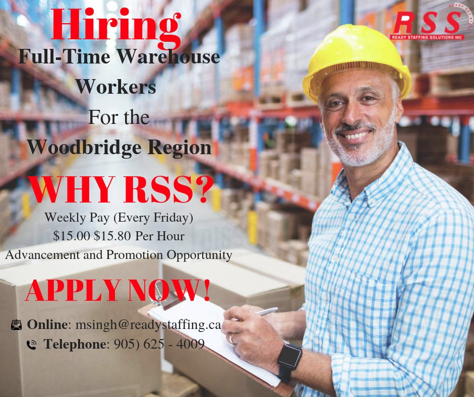 ReadyStaffing01's tweet photo. #Hiring Full-Time Warehouse Workers for #Woodbridge. Morning and Afternoon Shifts. 

Link:
https://t.co/rgV0DrmnM2

#ApplyNow #Job #Jobs #jobhunt #JobPosting #JobSeekers #Job  #JobSearch #NeedaJob #Employment #Recruiting #Lookingforwork #Careers #JobsinWoodbridge #Unemployed https://t.co/0emIXZuaqr