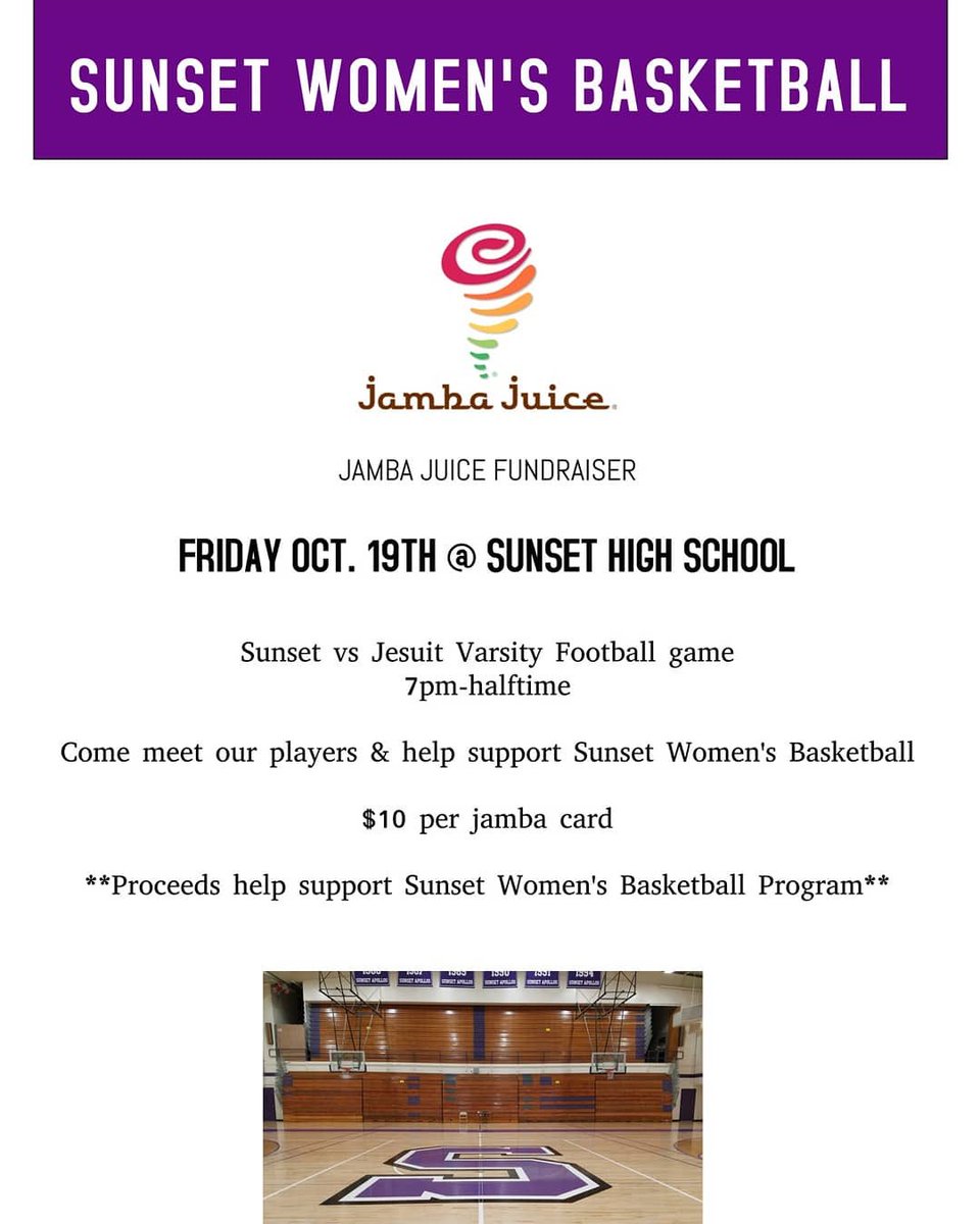 SunsetWBB's tweet photo. Jamba Juice Fundraiser

Tomorrow Oct. 19th @ SHS 

**All players check your email for info or DM here**

Can't wait to see all our players out w/our Sunset Community! https://t.co/SLGL3KY3JA