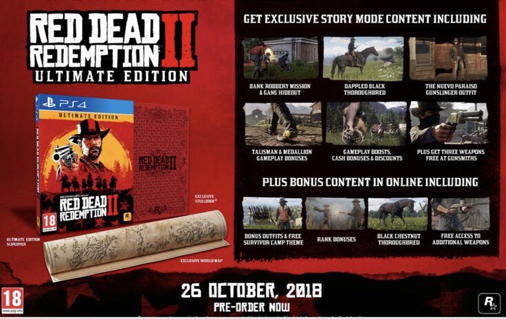 TabbyLoaf's tweet photo. **Steelbook Alert**
Want an exclusive #RedDeadRedemption2 #Steelbook
Pre-order the Ultimate Edition at Game & we'll also give you 25% extra trade-in (50% extra for #GameElite customers) #OnlyAtGame
Upgrading to #PS4Pro ? #CheaperWhenYouTradeatGAME
https://t.co/hJlOYQazet https://t.co/rI0c5upWx3
