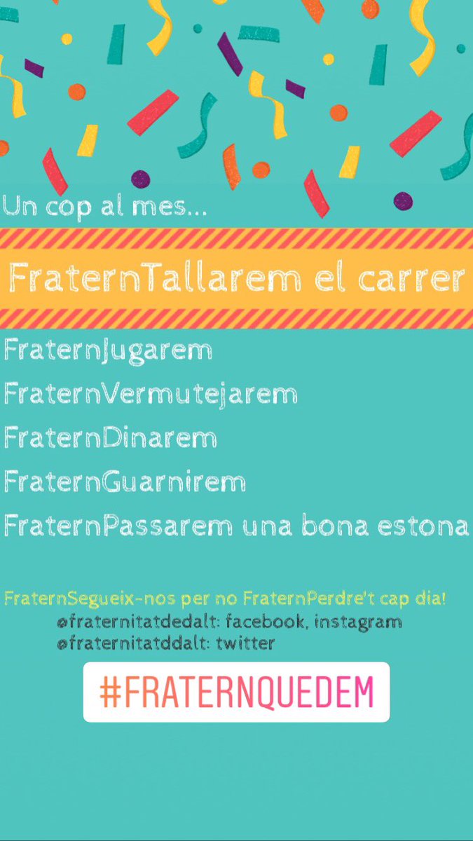 fraternitatdd's tweet photo. Aiiii com ens FraternAnyorem dels dies de la #fmgràcia! Per això FraternQuedarem un cop al mes i FraternGaudirem de la companyia de tot@s! FraternQuedem el 28octubre?
.
#fraternitatdedalt #fratern #SocFraternFestera #SocFraternFester #VullSerFraternFestera #VullSerFraternFester https://t.co/ne5PradIHn