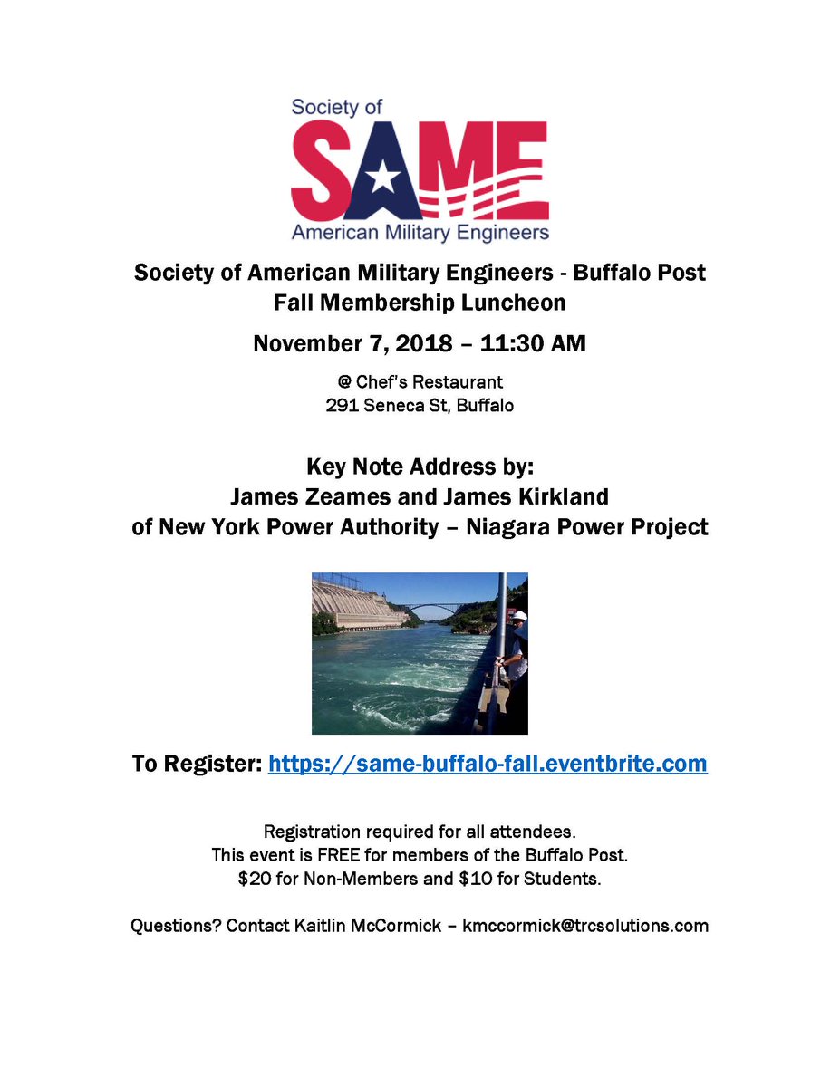If you are in the WNY A/E/C Industry or the USACE... come network and check out what the Society of American Military Engineers (SAME) is all about! Who can pass up lunch at Chefs?! Nov 7th @ Chefs Restaurant!  To Register: same-buffalo-fall.eventbrite.com #SAME