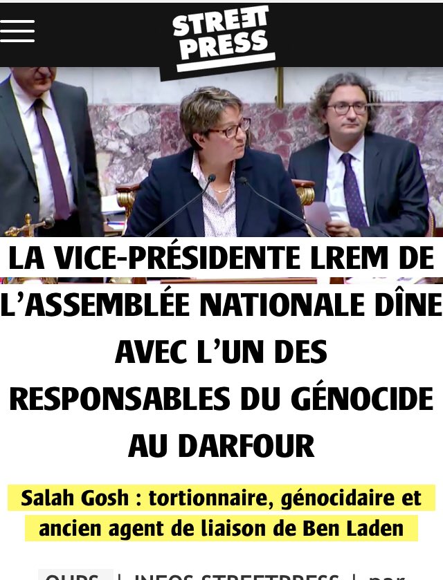 En France si tu pètes un cable sur une opération politique visant à te discréditer, t’es un dictateur en puissance. Par contre si t’es vice présidente de l’AN et que tu dînes avec un responsable du genocide au Darfour, t’es toujours dans le camp du bien démocrate.