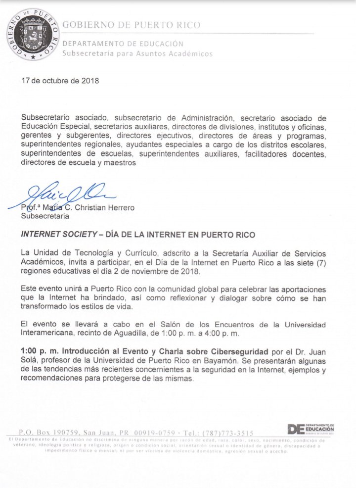 TIComunitariaPR's tweet photo. DÍA DE INTERNET EN PUERTO RICO. Se ha unido el Depto. De Educación para convocar las escuelas públicas (nivel intermedio y superior) del país para participar en el Certamen de videos y Actividad del viernes, 2 de noviembre en INTER Aguadilla. Ver carta. https://t.co/9rUzLhKQcI
