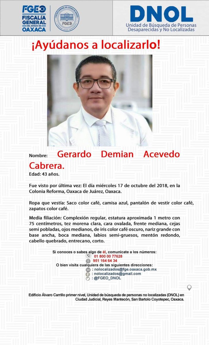 SSPC_GobOax's tweet photo. Solicitamos su colaboración para localizar a Gerardo Demian Acevedo Cabrera, informes al 01 800 00 776 28 #Oaxaca @PGR_Oax @FISCALIA_GobOax @FGEO_DNOL https://t.co/qvobwZMbuh