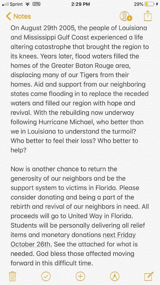 LSUIFC's tweet photo. Regarding the recent catastrophic events in the Florida Gulf Coast with Hurricane Michael https://t.co/DhfIgjS6PU https://t.co/k4rH1sLpmr
