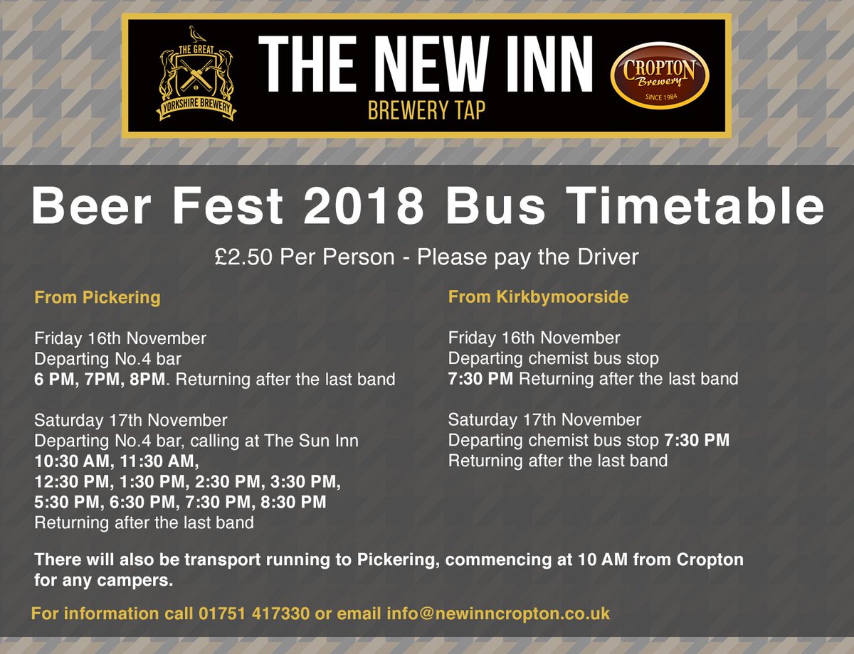 NewInnAtCropton's tweet image. #BeerFest update, as usual we will be offering a bus service from Pickering, and Kirkbymoorside