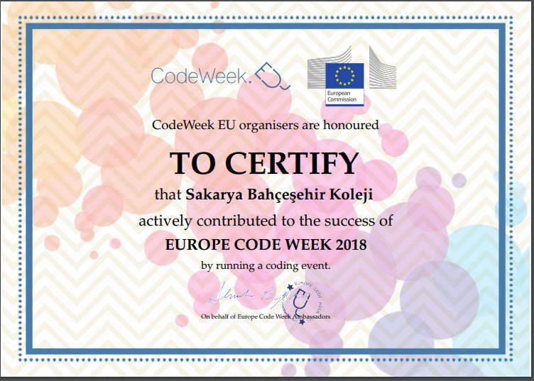 g_komsu's tweet image. Sakarya Bahçeşehir Koleji olarak #codeweek2018 kapsamında robotik&kodlama etkinliklerimizi tamamlayıp belgemizi aldık 😊 #bkegitek #bksakarya #codeweekeu