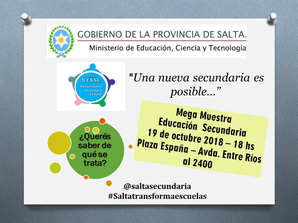 MEducacionSalta's tweet photo. Entre todos hacemos una nueva secundaria: El 19 de octubre más de 50 escuelas de la provincia, presentarán nuevos proyectos educativos con ideas innovadoras y nuevos objetivos para los adolescentes. #Saltatransformaescuelas https://t.co/BbGaXvq44N