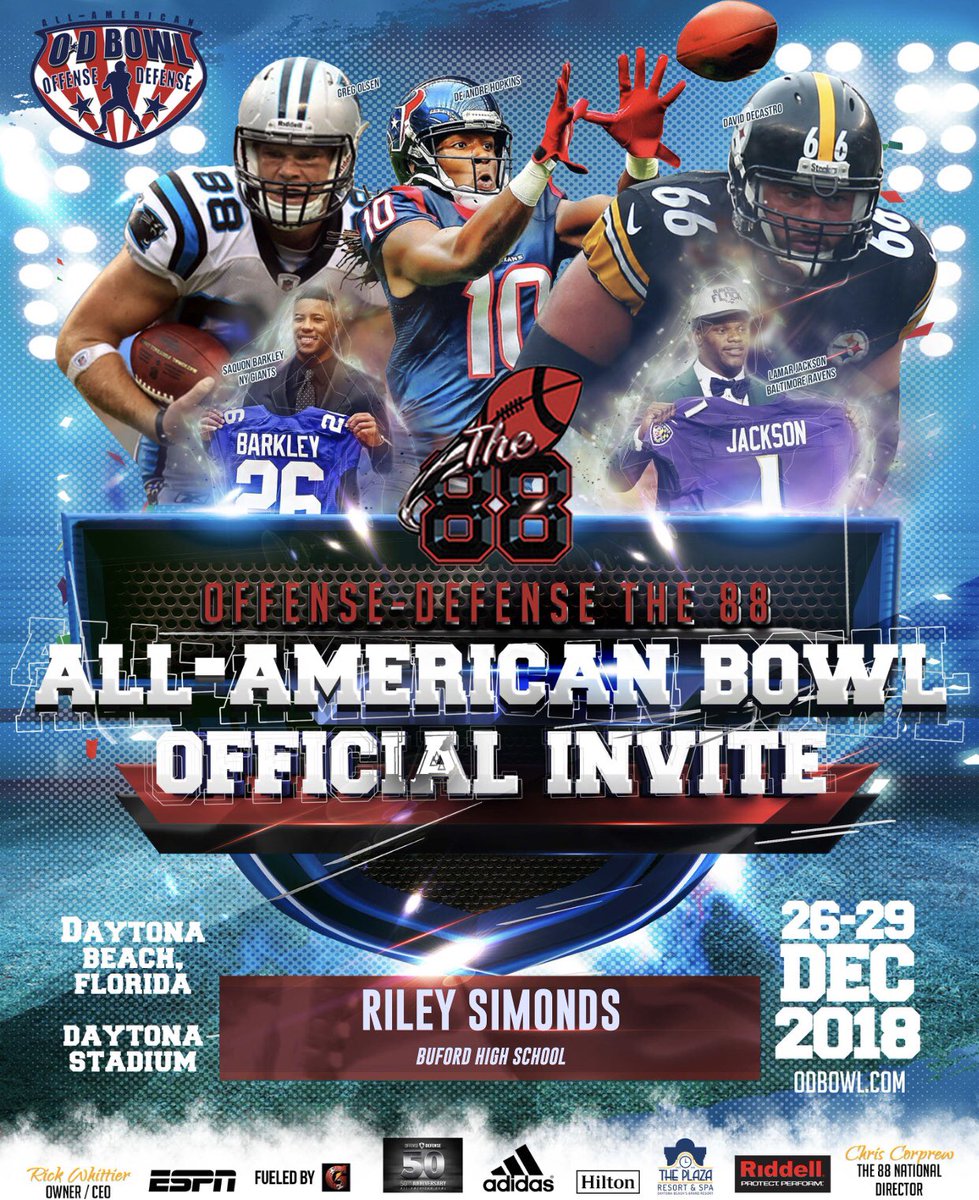 ODFootballCamps's tweet photo. Offense Defense Announces The 2019 The 88 All-American Bowl Offensive Guard Nominations.  #RILEY_SIMONDS @ODNATIONCoachC ##TheLegacyContinues. #WeBackAtIt!!! #NascarGoFast. @ODFootballCamps #GroundStrikeAdidas⚡️ #DaytonaBeach #Power5 #3NDone https://t.co/L0n5rmHpfL