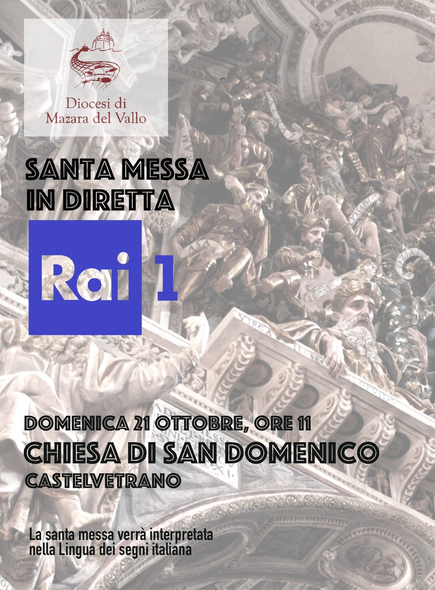 #Condividere Domenica 21 ottobre, ore 11, santa messa in diretta <a href="/RaiUno/">Rai1</a> da chiesa San Domenico in #Castelvetrano, la "Sistina di Sicilia". Messa interpretata in LIS, con <a href="/salvosamanna/">Salvo Samannà</a> (CILIS).
