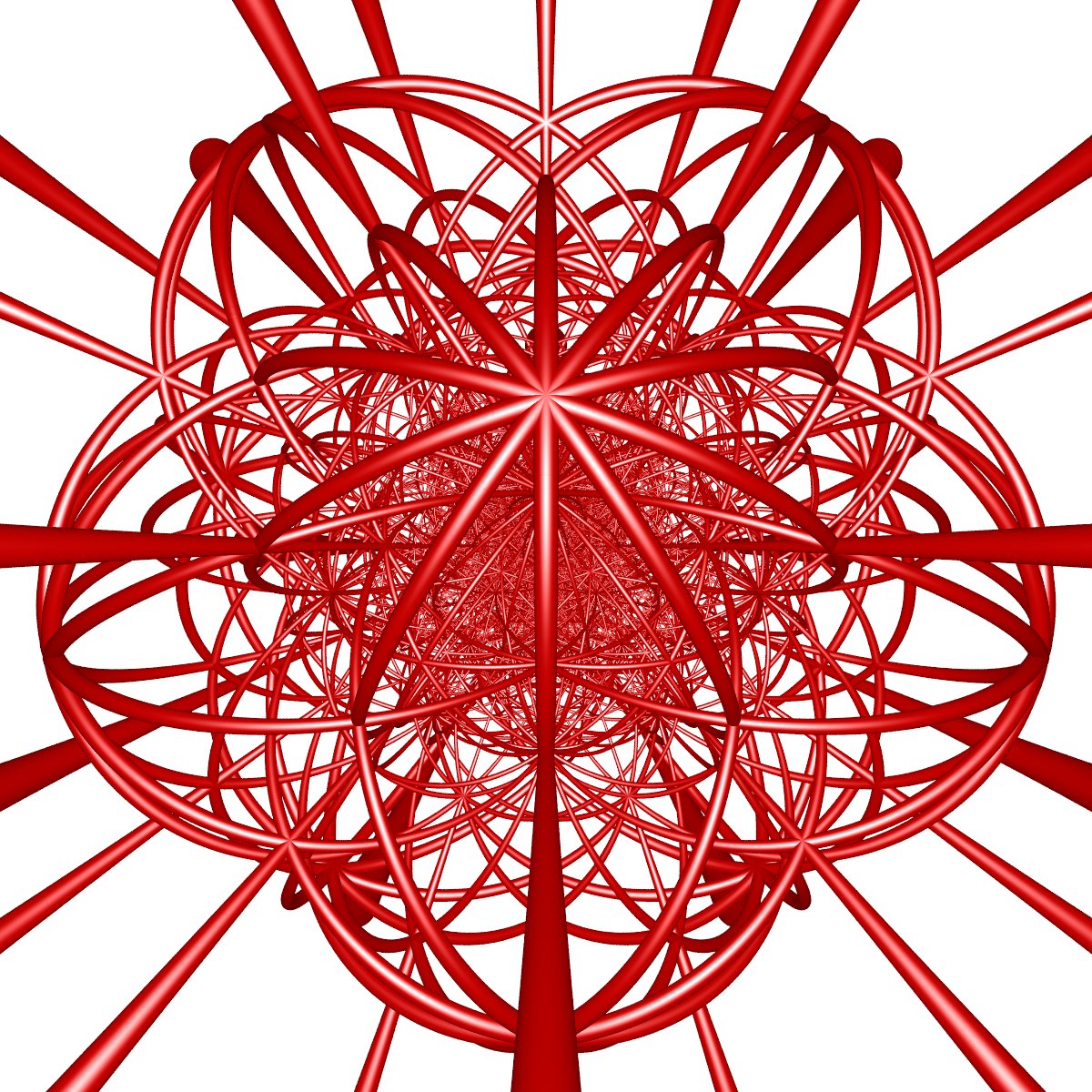 Tom_Ruen's tweet photo. Roice (@roice713) made stereographic projections of blue, green, red rotation "axes" (great circles) from H4. There should be 72 blue, 200 green, and 450 red circles. Blue make a #600cell edges. https://t.co/aWWuIwtJ4z