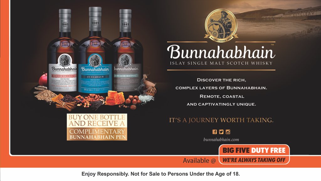 BigFiveDutyFree's tweet photo. Just landed… #bunnahabhain #singlemalt #scotch #iconic #smooth #earthy #octoberpromo #travel #shoptheairport #dutyfree #southafrica #ortambo #capetownint #kingshakaint #doyoutravel #travelwithbfdf #airportshopping #bigfivedutyfree #bfdf #alwaystakingoff https://t.co/Gehv9W0GuZ