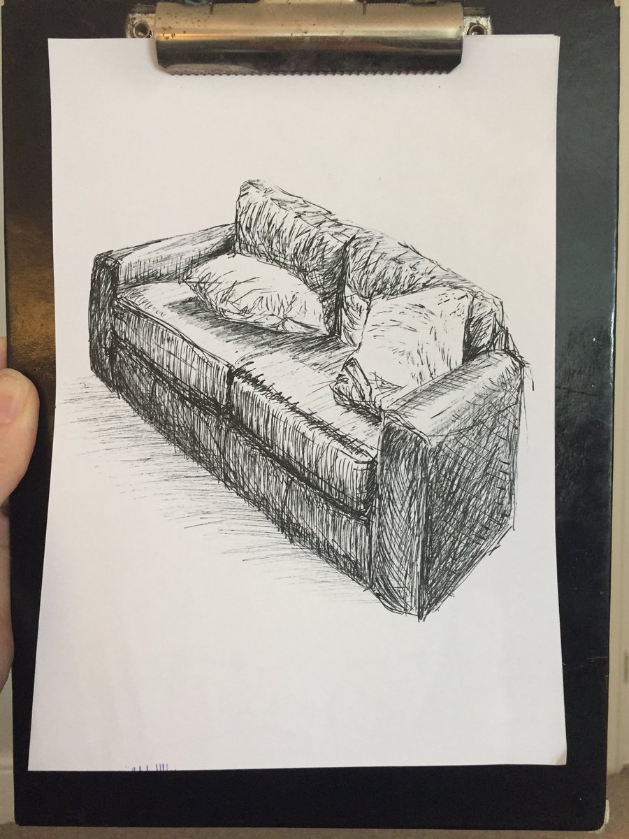 joparkins's tweet photo. I haven’t done any drawing since I had a confidence crisis at school. Just this week I picked up a pen and had another go. A friend told me I need to post my work on twitter, sketches of what I can see from my sofa, so here they are: #art #pendrawing #sketch #drawing #armchair https://t.co/jQK1GclWVC
