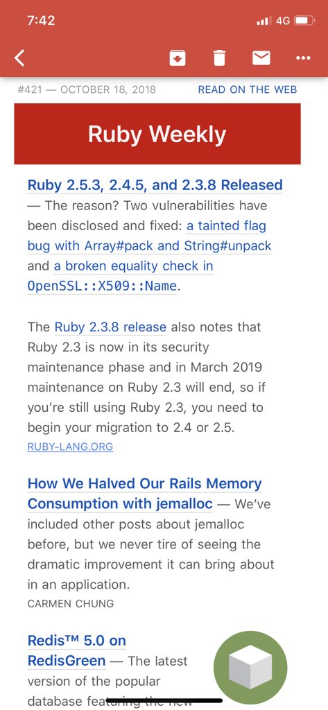 carmenintech's tweet image. Woke up this morning to find my article on jemalloc featured in #RubyWeekly. MASSIVE thank you to @peterc and the @RubyInside team! I feel like I finally earned my nerd credentials. 😂 #womenintech #RubyonRails