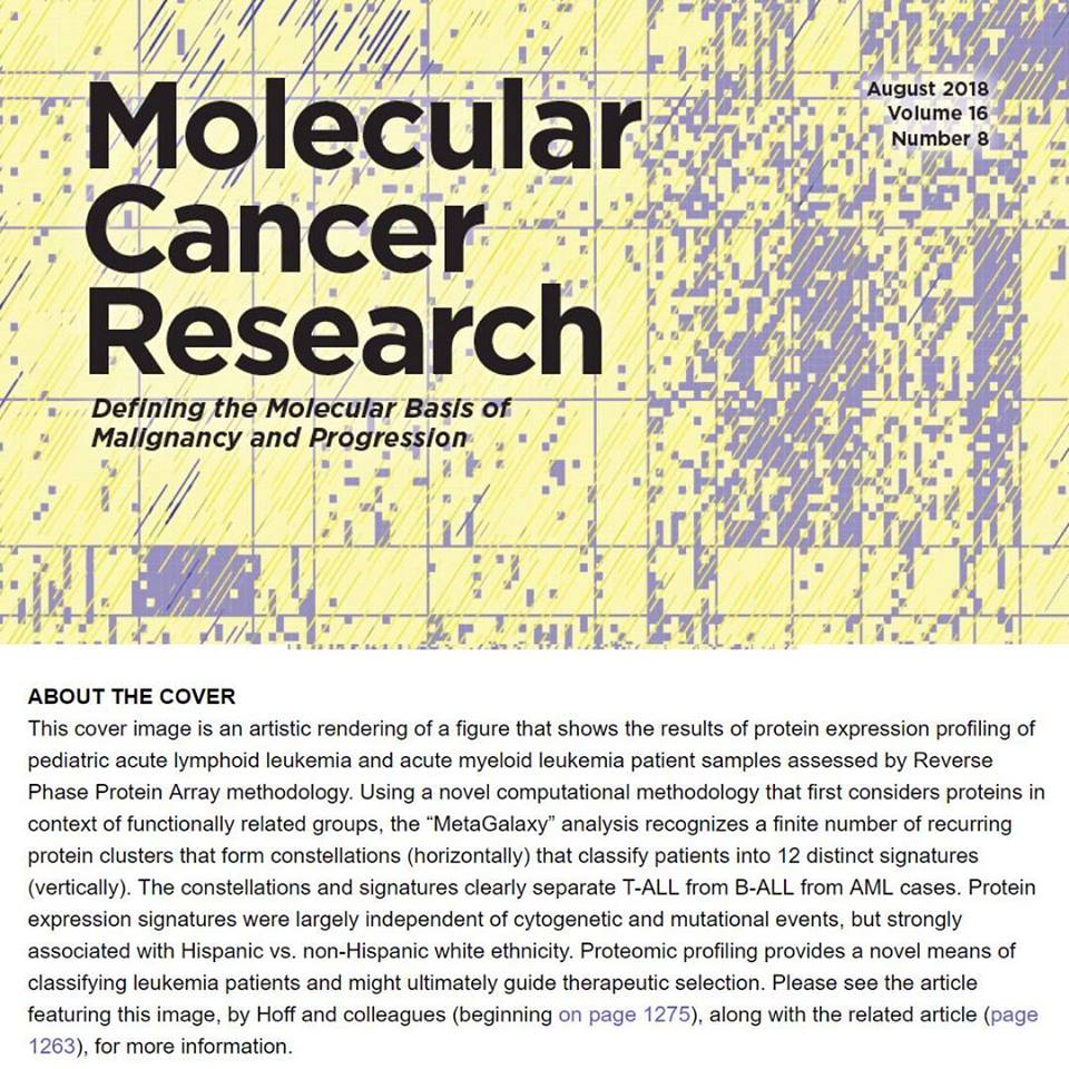 QutubLab's tweet image. Molecular Cancer Research highlights our work w. Fieke Hoff @researchumcg, Dr. Steve Kornblau @MDAndersonNews &amp;amp; Dr. Terzah Horton @TexasChildrens on proteomic analysis of childhood leukemia. Cover is an artistic rendering of Dr. @huhuhuyeye’s novel MetaGalaxy method #systemsbio
