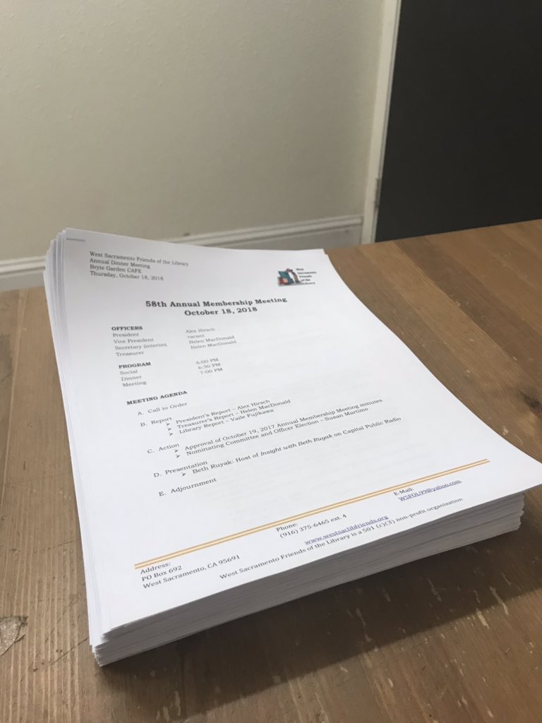 WSFOL1's tweet image. Printed and stapled. We're getting ready for tonight! #WSFOL #AnnualMeeting #LibraryLife #ThursdayNight #WestSac