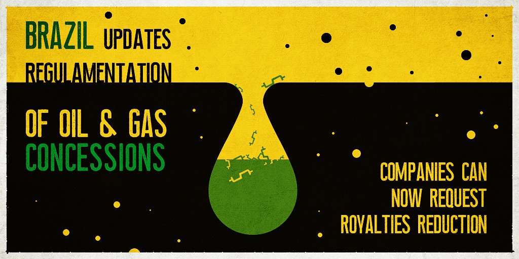 The image works with the contrast of yellow and black. There’s a hole in the shape of a drop half filled with a green substance. Money signs fall inside the hole and there are several of little balls floating around the whole scene. There are two texts displayed. One reads “Brazil updates regulamentation of oil & gas concessions” and the other “Companies can now request royalties reduction”