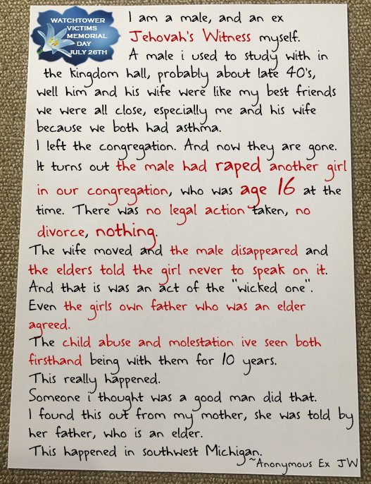 ShaltNotRepent's tweet photo. *TW*
Another true story, told to me by an #ExJW
#Watchtower #Victims #WTBTS #ChildSexAbuse #JW #ChildAbuse #SexOffenders #Pedos #Pedophiles #ExJehovahsWitness #AbuseCoverUp #JehovahsWitness #raped #TwoWitnessRule #molested #Cult #Jw #SexAbuse #SexualPredators #SecretDatabase https://t.co/k5rlscpqQ7