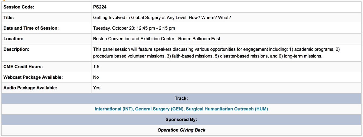 Stop by this session <a href="/AmCollSurgeons/">American College of Surgeons</a> by <a href="/sherrywren/">Sherry Wren</a> to learn about involvement in #GlobalSurgery at all levels. A great opportunity to learn about the trajectory of &amp; variety within a career in #GlobalSurgery. We will be there to talk about the contributions of students! #ACSCC18