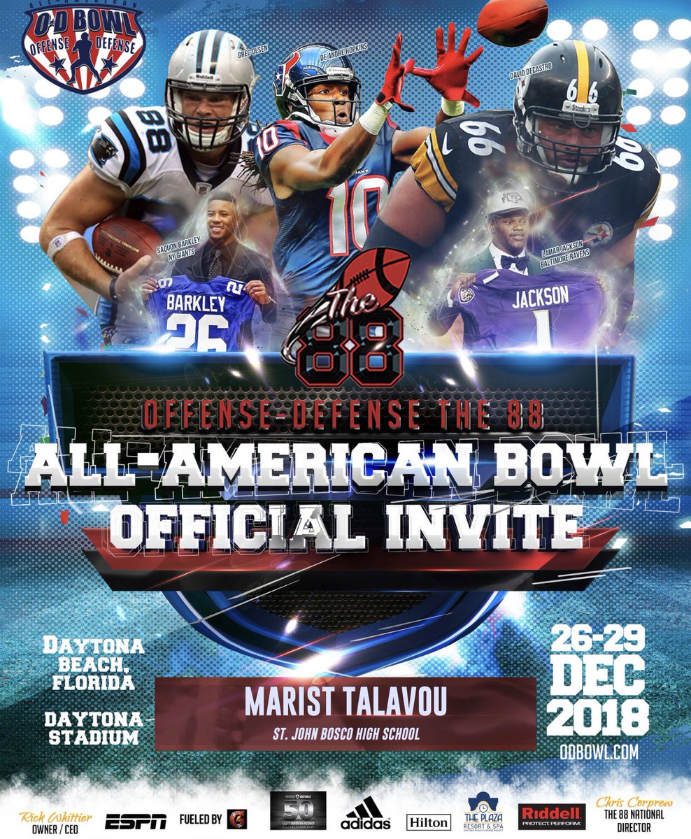 ODFootballCamps's tweet photo. Offense Defense Announces The 2019 The 88 All-American Bowl Offensive Guard Nominations.  #MARIST_TALAVOU @ODNATIONCoachC ##TheLegacyContinues. #WeBackAtIt!!! #NascarGoFast. @ODFootballCamps #GroundStrikeAdidas⚡️ #DaytonaBeach #Power5 #3NDone https://t.co/SPXZY2z2Ts