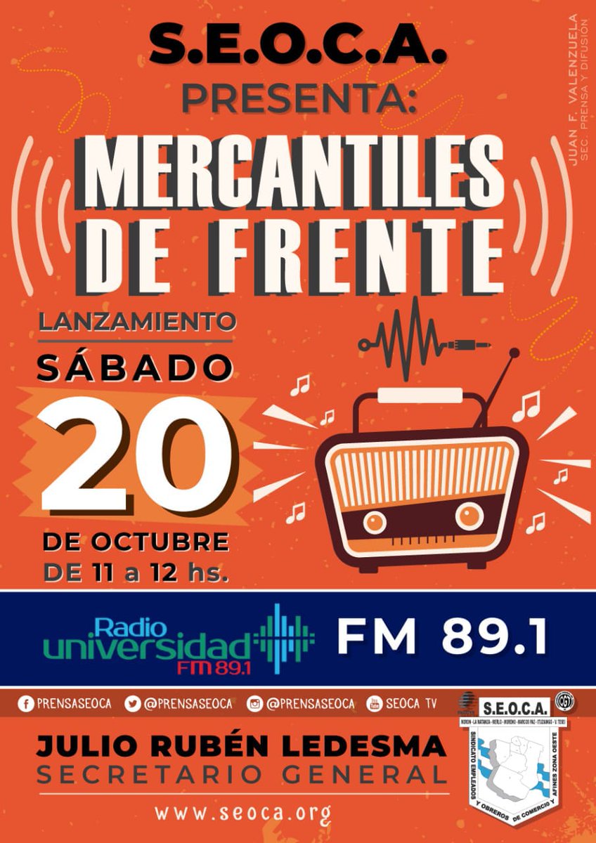 PrensaSeoca's tweet photo. Se viene el programa de radio del #SEOCA Zona Oeste

Este sábado de 11 a 12 hs por @universidad891 https://t.co/bEz6GWDg7Q