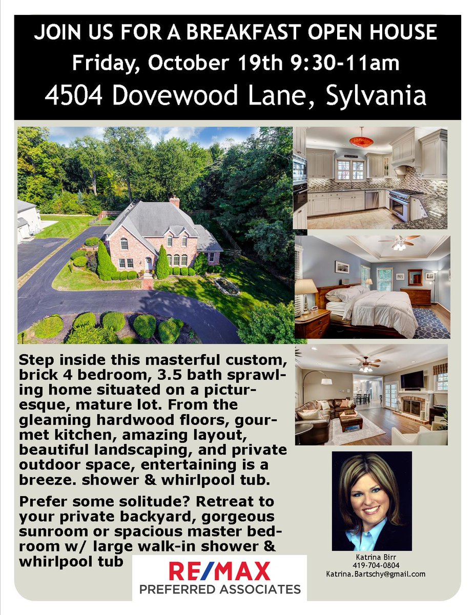 Don't forget to stop by 4504 Dovewood Ln tomorrow for breakfast and to tour this beautiful home 🏡 You also have a chance to win a $25.00 Visa card
Presented by ReMax Preferred &amp; Katrina Birr